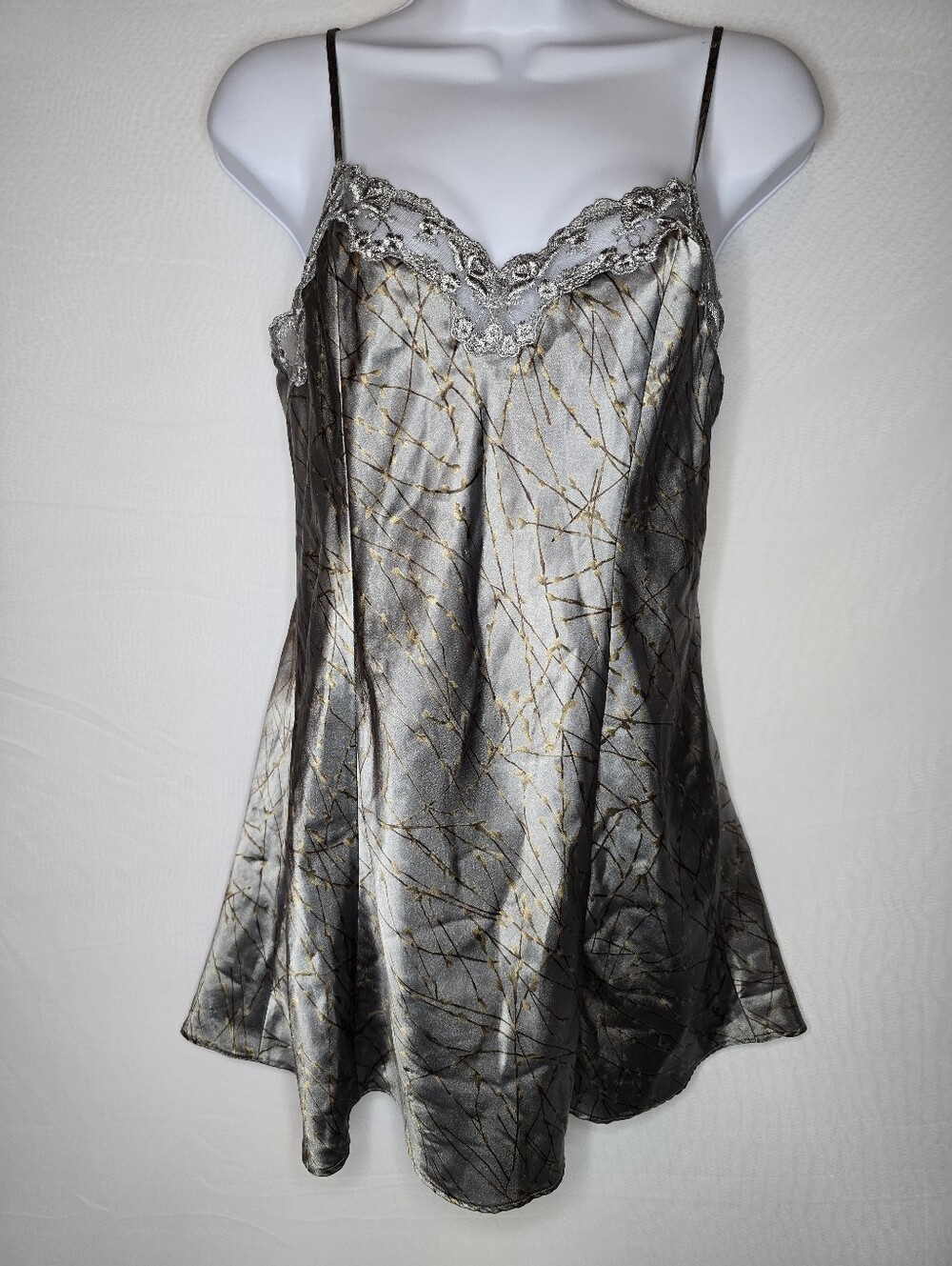 Vintage 1990s Victoria’s Secret Satin Lace Camisole Top Size S Gray Gold Print